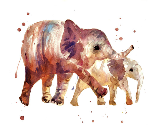 Two Trumpeters - giclee watercolour elephant print - UK made
